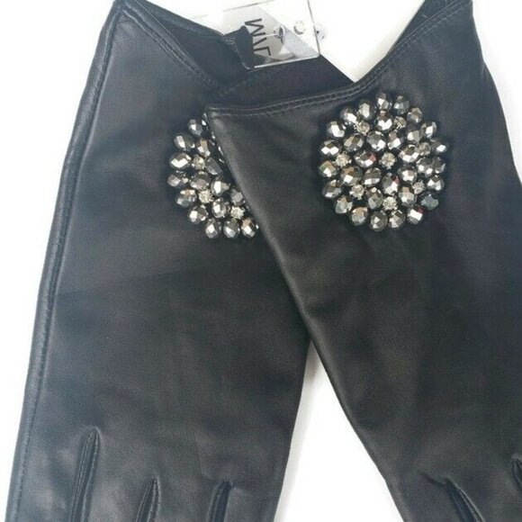 Leather Tech Touch Screen Gloves with Broach Womens M/L Black Winter - Picture 3 of 8